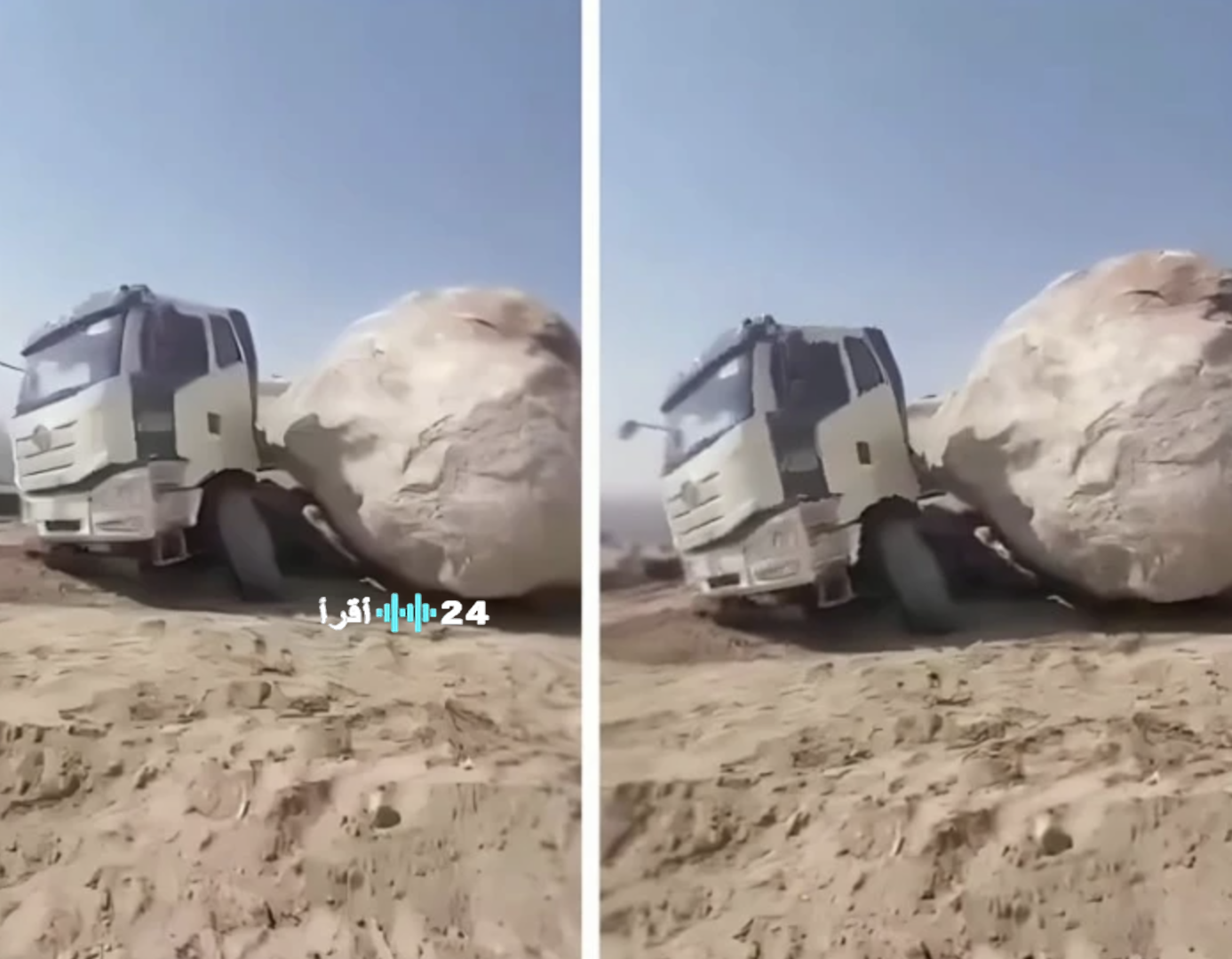 بالفيديو نجاة سائق شاحنة بأعجوبة بعد سقوط صخرة ضخمة في مكة