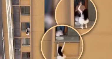 امرأة بملابس النوم تتسلق ناطحة سحاب في هروب جريء من زوجة عشيقها