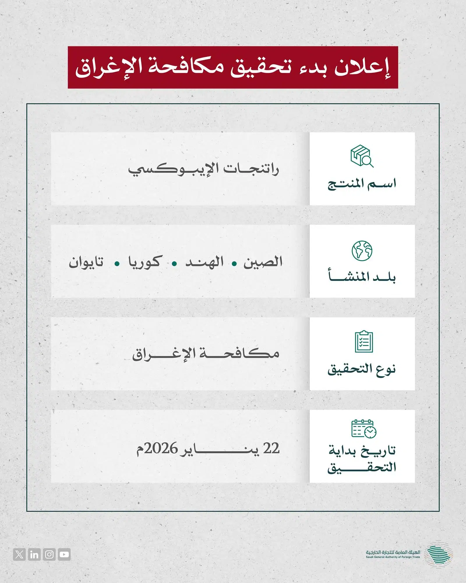 <p><strong>المملكة تطلق تحقيقاً لمكافحة إغراق واردات راتنجات الإيبوكسي</strong></p>
