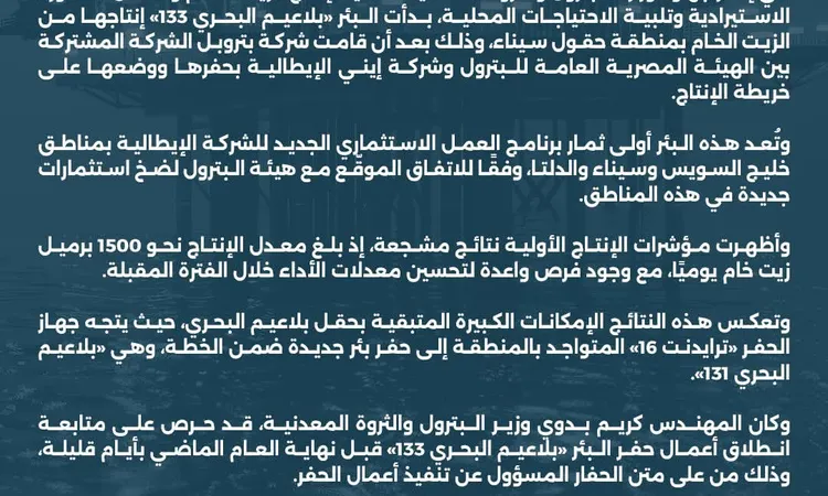 «إطلاق بئر جديدة لبدء إنتاج الزيت الخام من حقل بلاعيم البحري في سيناء»