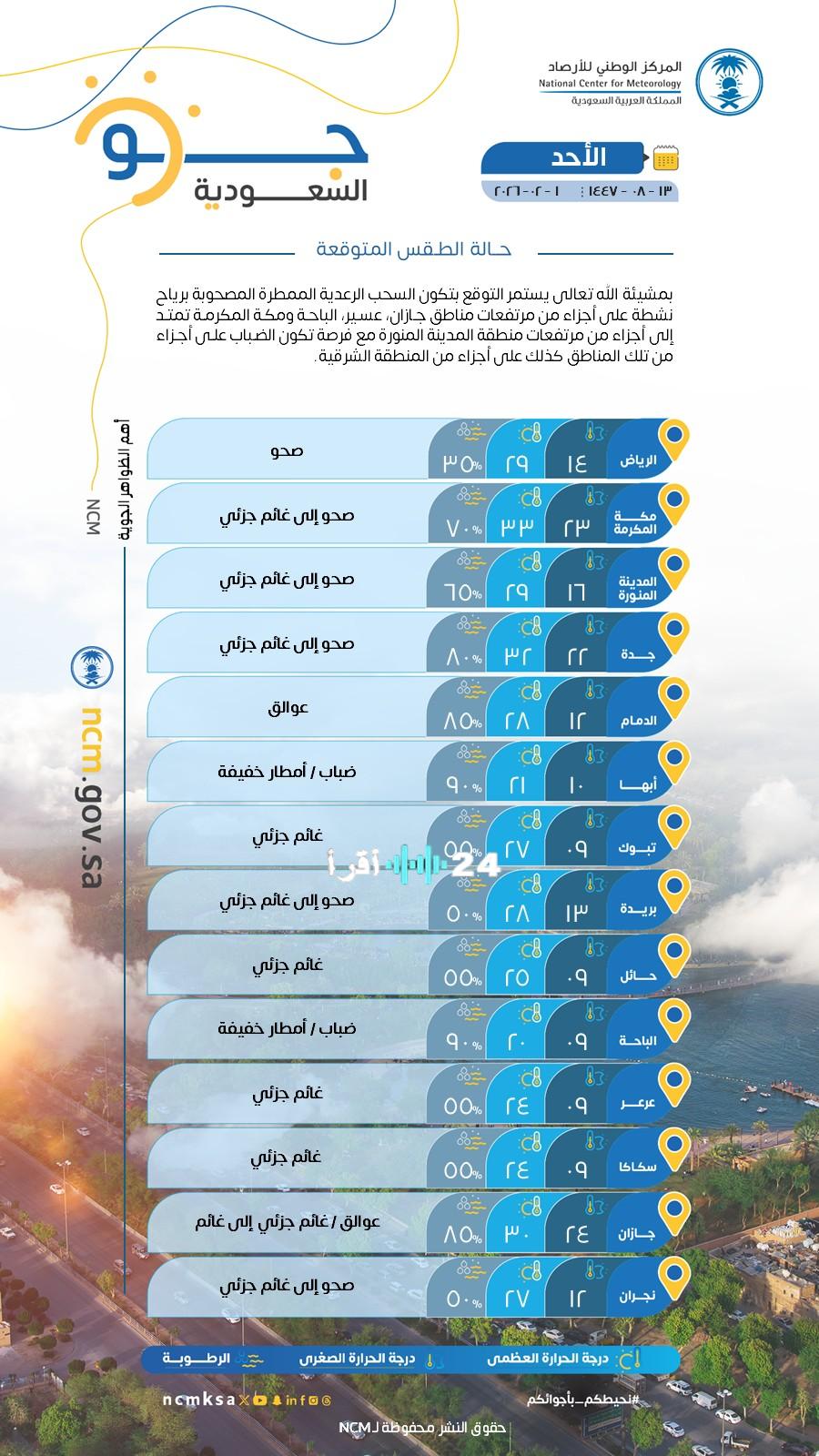 استمرار السحب الرعدية الممطرة مع رياح نشطة في عدة مناطق