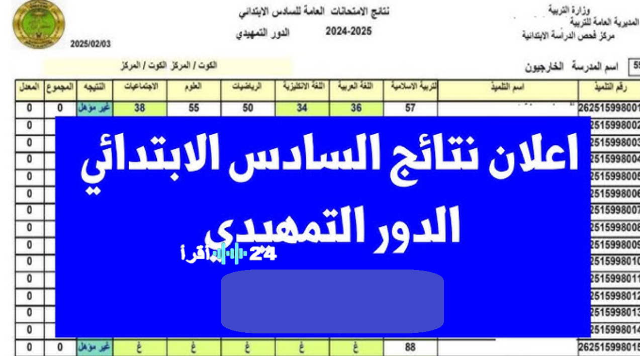 نتائج السادس الابتدائي التمهيدي 2026 رسميًا ملفات pdf موقع نتائجنا.. طريقة الاستعلام المباشرة